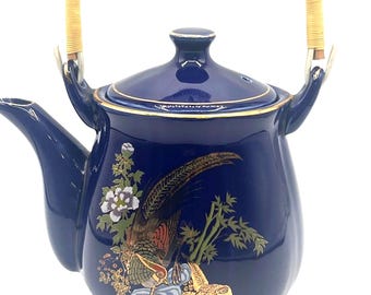 Vintage Kobalt Blau Porzellan Teekanne Pfau und Floral w Gold Made In Taiwan