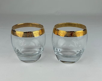 Pair of Elegant Stemless Wine Glasses with Gold Rim, Heavy Bottom. 3&quot; wide x 3.5&quot; tall.