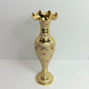 Highly Polished Brass Enameled Embossed Pedestal Vase with Ruffled Edge Intricately detailed  3.5&quot; x 12&quot;