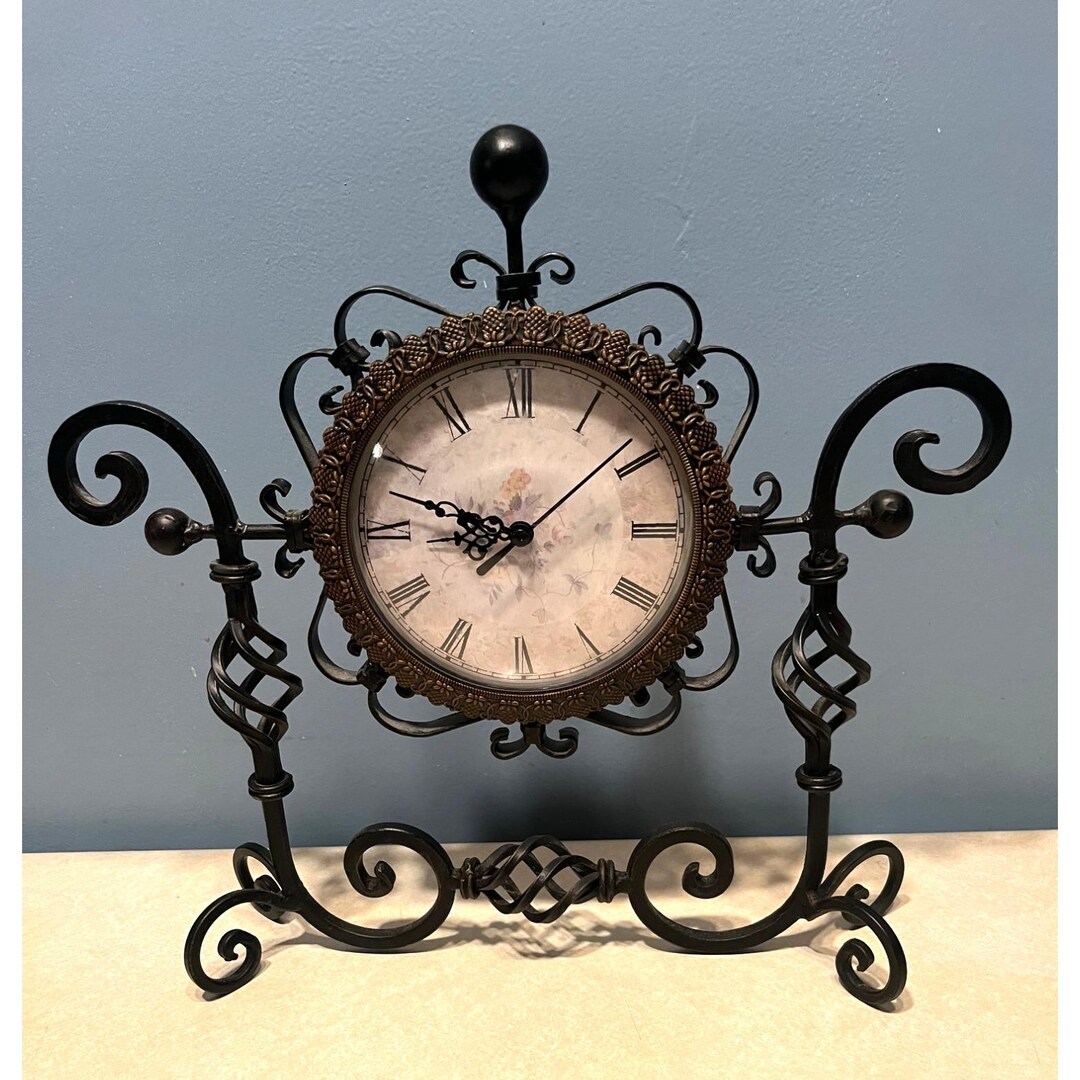 Vintage Ornate Black Metal Mantel Clock With Roman Numerals 13" W X 12 ...