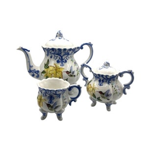 Vintage Ceramic 3 Pc Tea Set With Floral Hummingbird Design White Blue ...