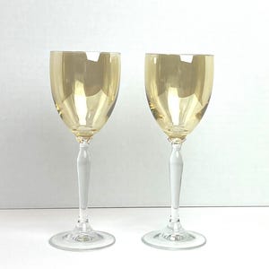Iridescent Amber Color Wine Glasses with Clear Tulip Shaped Stems and Beautiful Detail - Pair Vintage Pier One