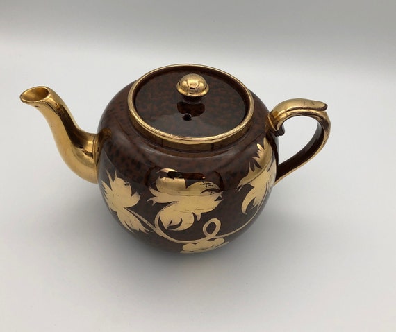 Vintage Gibson Teapot Brown Glaze With Gold Floral Design, Gold 