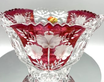 Anna Hütte Bleikristall Lead Crystal Bowl Clear Cut to Red Floral Accents Handcrafted In Germany 6" high
