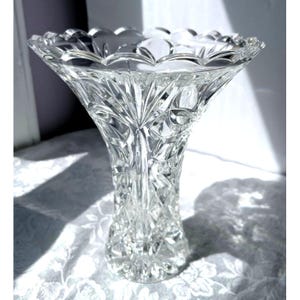 Crystal Vase 24% Lead Czech Republic by Bohemia Crystalex Clear Floral Design 8&quot; Tall Flared Shape Scalloped Edge 8&quot; tall