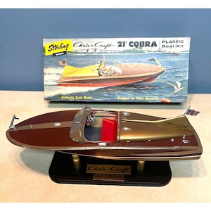 Chris Craft Model Boat 1955 Cobra Speed Boat Built Up Sterling Plastic Model on Custom Base 16&quot; long