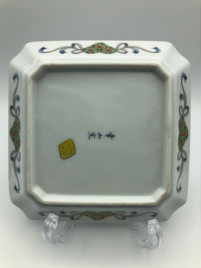 orange florals with gold details Vintage OMC Japanese Porcelain Imari Style Square Plate Blue Border with flowers and gold. blue Pink