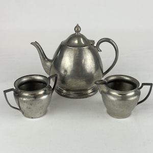 Vintage Solid Pewter Tea Set, 3 piece set, Tea Pot, Creamer and Sugar Bowl.
