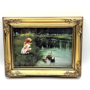 Donald Zolan's "Morning Discovery" First Issue Miniature Lithography Daughter Crystal Watching a Family of Ducks, Gold Wooden Frame 9 x 7"