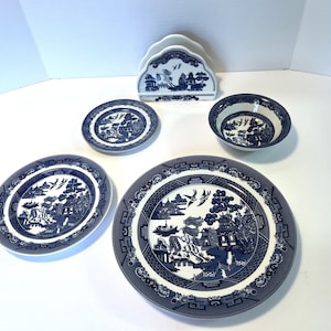 Choose One - Vintage Johnson Bros England Willow Tree Dinnerware - Dinner Plate, Salad Plate, Bread Plate, Soup Bowl, Napkin Holder