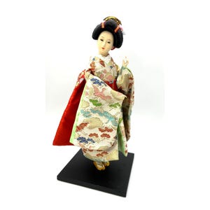 Japanese Geisha Figurine In Traditional Kimono With Intricate Embroidery On Solid Wood Base 12&quot; tall