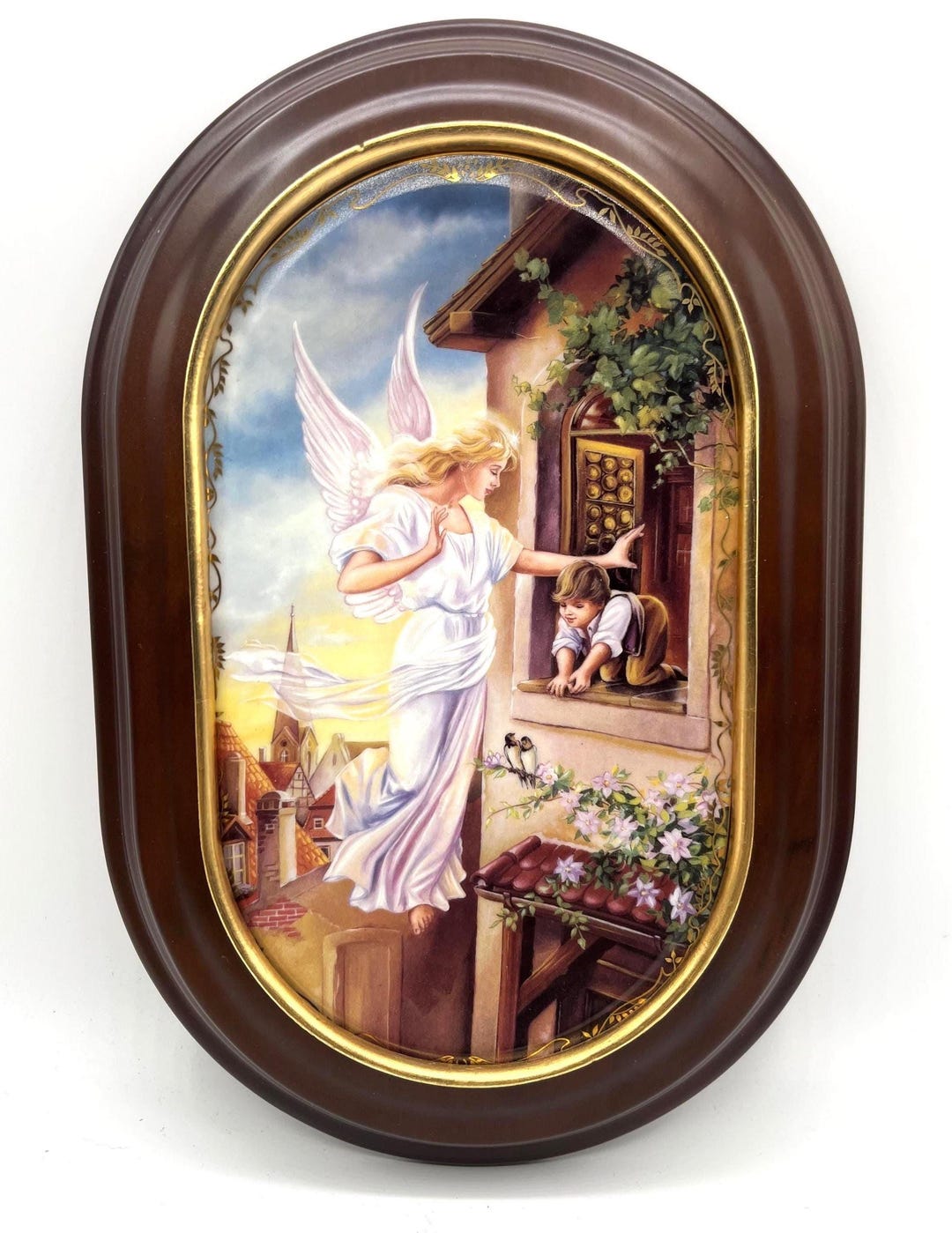 1995 German Collectors Framed Oval Plate Angel Protecting Child