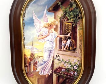 1995 German Collectors Framed Oval Plate Angel Protecting Child