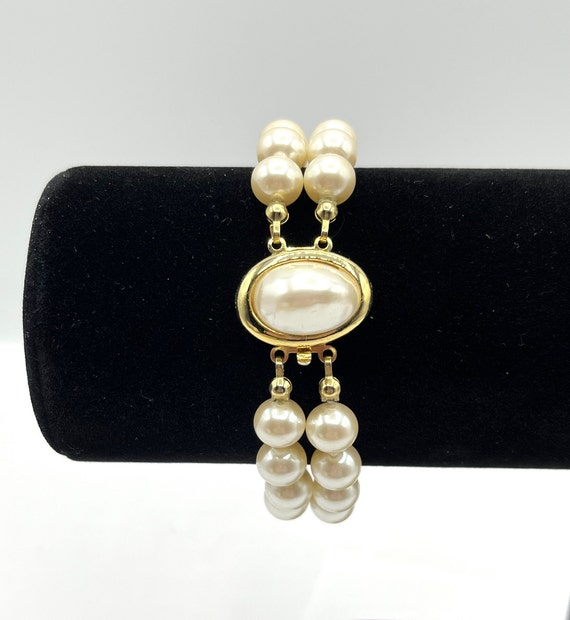 Two Strand Gold Tone Bracelet with Imitation Pearl