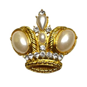 Regal Crown Shaped Gold Tone Brooch With Faux Pearl Cabochons & Rhinestones 2&quot; w  1.75&quot; high