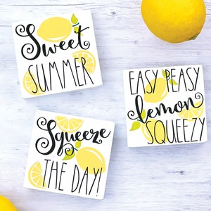 Summer Lemon Signs, Squeeze The Day, Sweet Summer, Easy Peasy Lemon Squeezy, Tiered Tray Signs, Kitchen Decor, Lemon Decor, Summer Tray trio