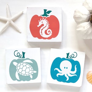 Coastal Pumpkin Sign Trio: Beachy Fall Decor, Sea Life Art