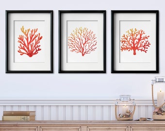 Watercolor Coral Silhouettes Digital Download Coral Sea Life Wall Art Set of 3 Printable Coastal Beach House Decor Beach Prints Coral Prints