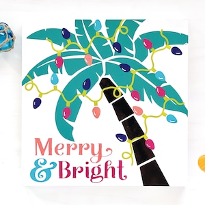 Merry And Bright Tropical Christmas Sign Christmas Palm Tree with Lights Coastal Christmas Sign Christmas Decor Holiday Beach House Sign Art