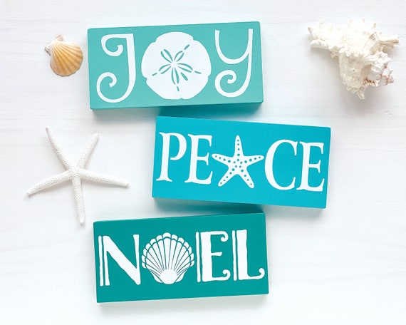 Coastal Christmas Signs: Beach Holiday Decor - Joy Peace Noel Trio