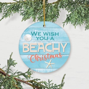 Beachy Christmas Ornament: Coastal Holiday Beach House Decor We Wish You A Beachy Christmas Porcelain Tree Decoration Beach Bungalow Decor