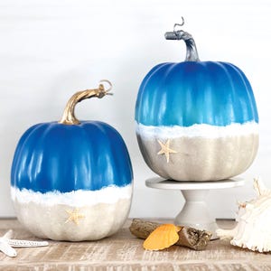 Coastal Pumpkin Decor: Beach Theme with Starfish Coastal Autumn decor Mini Beachy Painted Pumpkin Beach Lover Fall Thanksgiving Table