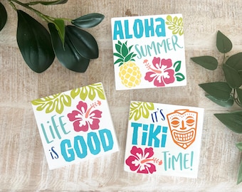Hand Painted Hawaiian Tiki Signs: Aloha Summer Wood Tiered Tray Decor