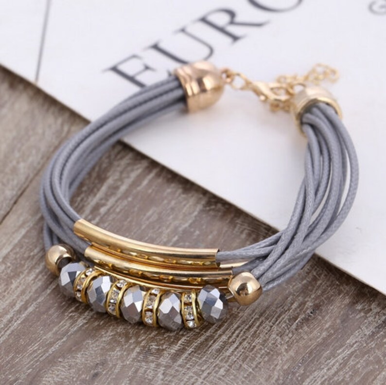 Leather Bracelet for Women Bangle European Beads Charms Gold Bracelet Gift Spring Summer Bridesmaid Heather Cobalt Black