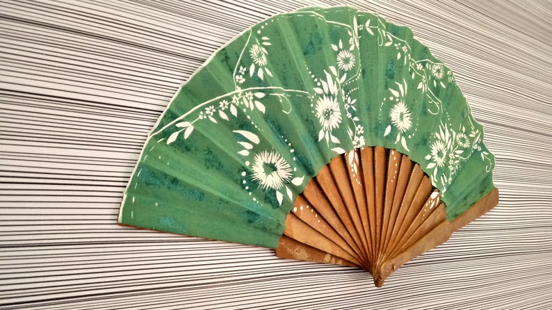Golden and Green Floral Hand Fan Hand Painted Floral Hand Fan Spanish Hand Fan Floral Handmade Spanish Fan