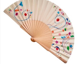Abstract Hand Fan, Handpainted Spanish fan, Beach accessory, Fashion hand fan, Folding Fan, Cotton & Natural Wood Fan