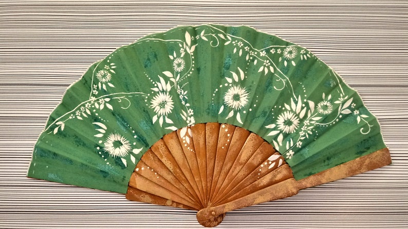Golden and Green Floral Hand Fan Hand Painted Floral Hand Fan Spanish Hand Fan Floral Handmade Spanish Fan