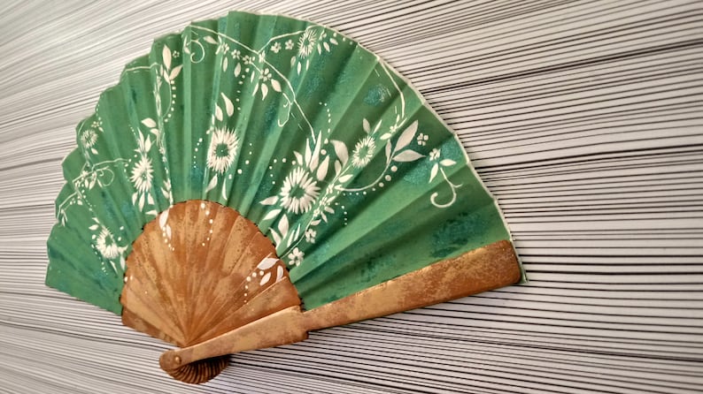 Golden and Green Floral Hand Fan Hand Painted Floral Hand Fan Spanish Hand Fan Floral Handmade Spanish Fan