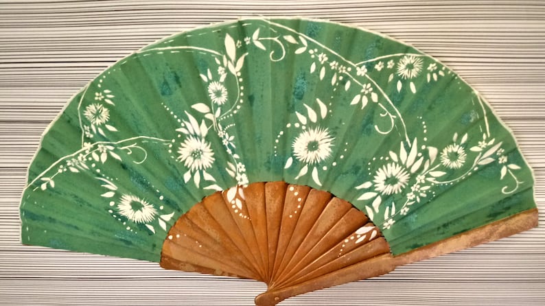 Golden and Green Floral Hand Fan Hand Painted Floral Hand Fan Spanish Hand Fan Floral Handmade Spanish Fan