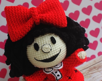 Amigurumi doll, mafalda, cartoon Crochet toy, handmade, quino, argentina, gift for girl, interior, present, caricatura, muñeca