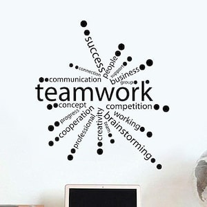May include: A black and white word cloud with the word "teamwork" in the center. The word cloud is in the shape of a starburst and includes words like "success", "people", "communication", "concept", "progress", "cooperation", "professional", "creativity", "competition", "working", and "brainstorming".