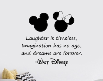 Laughter Is Timeless Quote Wall Decal Vinyl Sticker Minnie Mickey Head Lettering Print Wall Art Gift Poster Home Decor Quote Sign q40