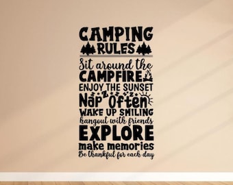 Camping regels sticker Vinyl muur Sticker Camp Trailer teken Wall Art reizen avontuur Decor Camper Gift Poster muurschildering buiten zelfklevend 2327