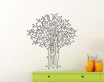 Calcomanía de pared de árbol con circuito impreso, vinilo adhesivo, tecnología informática, letrero, tallo, laboratorio, arte de pared, decoración, regalo, póster, sin fondo, para interiores y exteriores, 3848