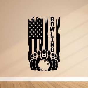 Bowling Decal Vinyl Wall Sticker Distressed American Flag Bowler Strike Sign US Flag Wall Art Decor Poster Gift Mural Stencil Mural 2362