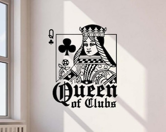 Queen of Clubs Wall Sticker Vinyl Decal Playing Cards Vegas Poker Casino Wall Art Sign Decor Player Gift One Color No Background Decal 3721