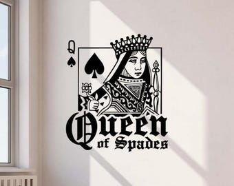 Queen of Spades Wall Sticker Vinyl Decal Playing Cards Vegas Poker Casino Wall Art Sign Decor Player Gift One Color No Background Decal 3724