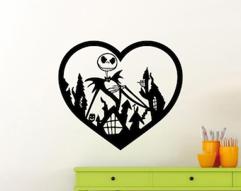 Jack Skellington Wall Sticker Vinyl Decal Halloween Wall Art Nightmare Decor Love Heart Poster Gift One Color No Background Decal 3694