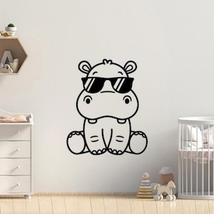 Pegatina de hipopótamo, calcomanía de vinilo para pared, arte de pared para guardería, hipopótamo en gafas, decoración para niños, póster para dormitorio de bebé, cartel Mural de regalo, sin fondo 2328