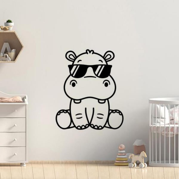 Hippo Sticker Vinyl Wall Decal Nursery Wall Art Hippo in Glasses Children Decor Baby Bedroom Poster Gift Mural Sign No Background 2328