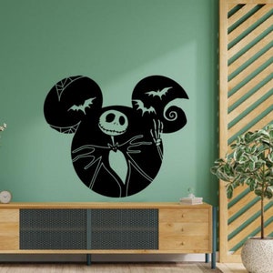 Skellington calcomanía de pared vinilo pegatina orejas de ratón signo terror Halloween pared arte niños habitación decoración cartel regalo mural sin plantilla de fondo 2333