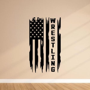 Calcomanía de lucha libre, pegatina de vinilo para pared, bandera americana desgastada, signo de luchador, bandera de EE. UU., gimnasio, arte de pared, decoración de EE. UU., cartel de regalo, plantilla mural 2347