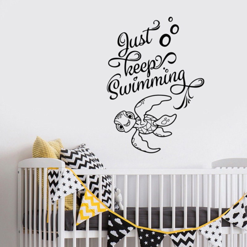 Just Keep Swimming Quote Wall Decal Cartoon Sea Turtle Vinyl Etsy