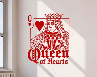 Queen of Hearts Wall Sticker Vinyl Decal Playing Cards Vegas Poker Casino Wall Art Sign Decor Player Gift One Color No Background Decal 3723