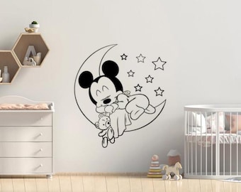 Mickey Mouse Baby Wall Decal Moon Stars sonno Walt Disney bambini Poster vinile adesivo ragazzo camera da letto Decor bambini vivaio parete arte stampa 252 - Italia