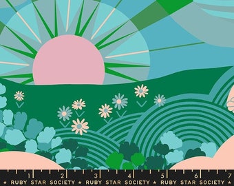 Rise and Shine! by Melody Miller - Ruby Star Society - Hello Sunshine TURQUOISE - Large Landscape Scene - Half Yard Increments - RS007613